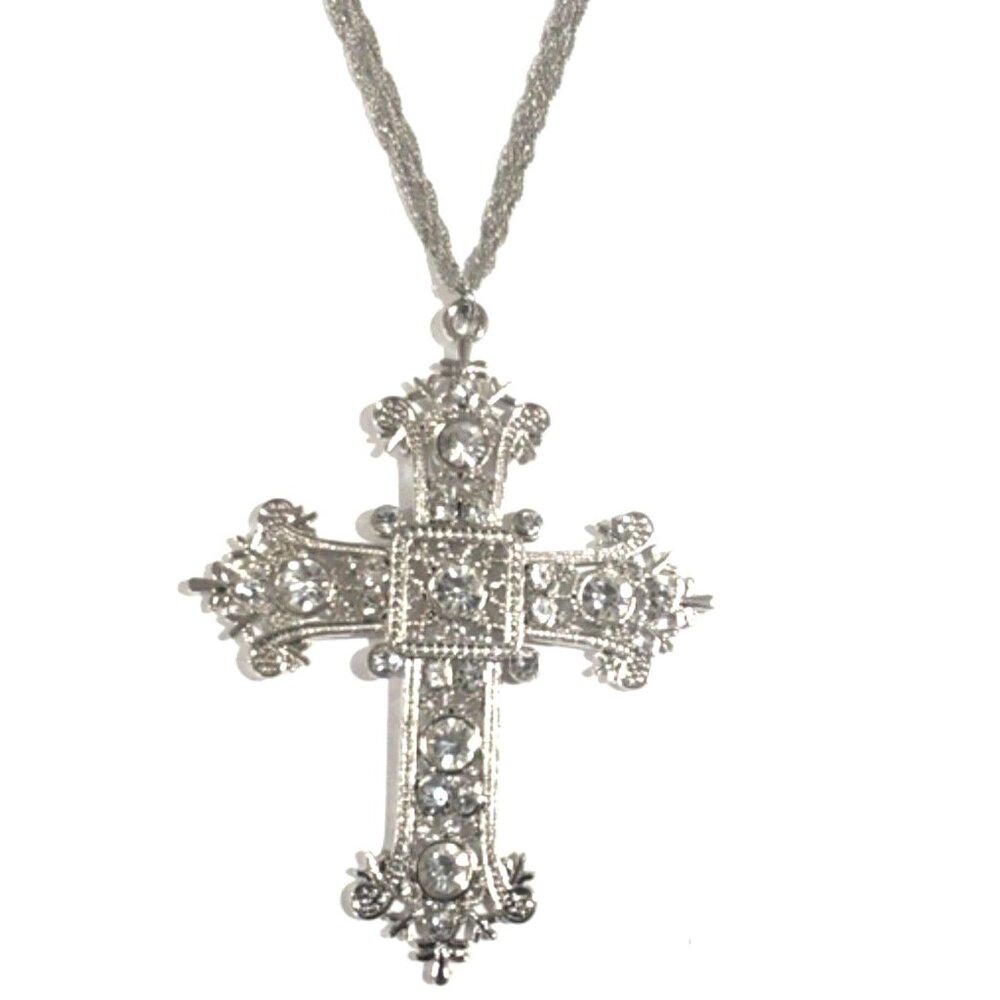 Silver tone Filigree Sparkling Cross Pendant Necklace - Women's Fashion Jewelry